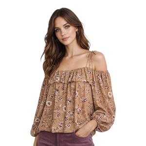 Ulla Johnson Coline Silk Boho Floral Ruffle Tan Blouse Off Shoulder Size 2